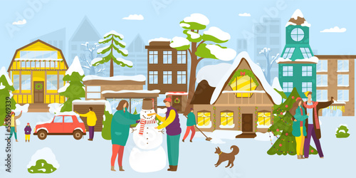 Winter activity in snow town, vector illustration. People character at cartoo...
