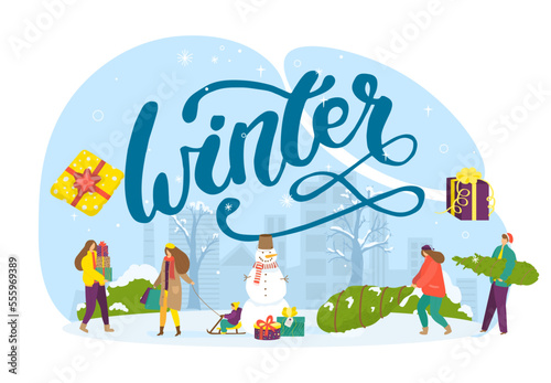 Winter sale for christmas gift, vector illustration. People man woman character at season holiday buy present, flat ad promotion banner.