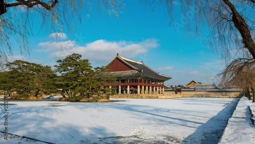 Time lapse 4k. South korea winter at Gyeonghoeru Pavilion in Gyeongbokgung Palace in Seoul, South Korea. photo