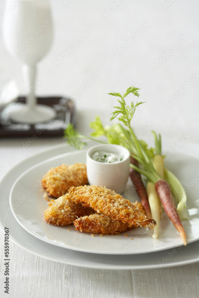 Coconut Crusted Chicken Fingers with Carrots and Celery and Dill Sourcream Dip Coconut Crusted Chicken Fingers with Carrots and Celery and Dill Sourcream Dip