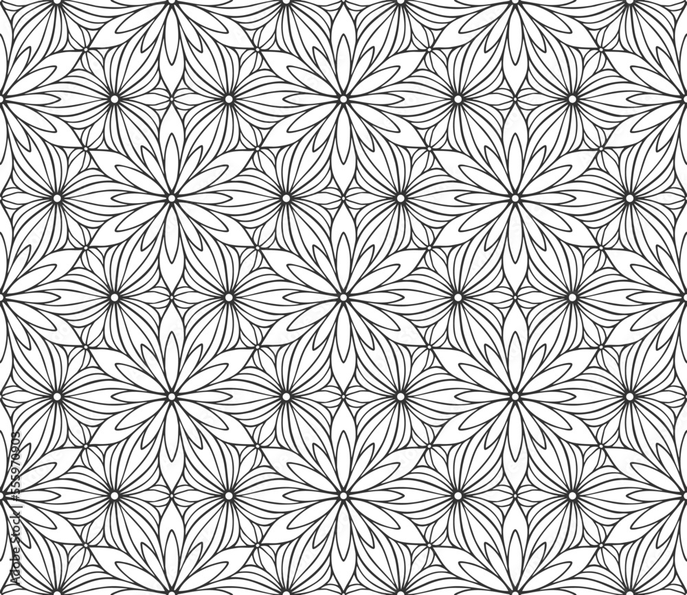 Retro abstract flower seamless pattern. Wrapping paper flat botanical design. Textile herbal ornament. Monochrome ornate background. Lace elegant fabric decor. Vintage geometric foliage backdrop Retro abstract flower seamless pattern. Wrapping paper flat botanical design. Textile herbal ornament. Monochrome ornate background. Lace elegant fabric decor. Vintage geometric foliage backdrop