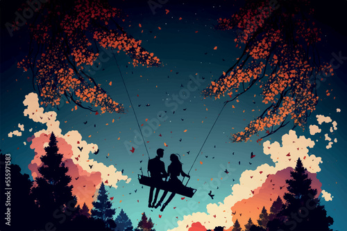 Fototapeta Lovers Silhouttes Vector Illustration at the Romantic Emotional Nature Forest Background