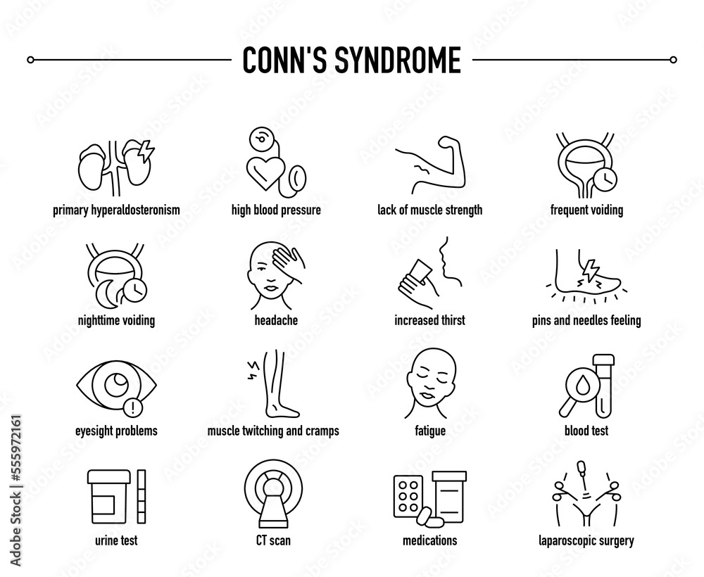Conn's Syndrome symptoms, diagnostic and treatment vector icon set. Line editable medical icons. Conn's Syndrome symptoms, diagnostic and treatment vector icon set. Line editable medical icons.