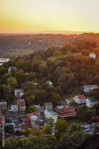 Close-up view of downtown Harpers Ferry, West Virginia at sunset photo