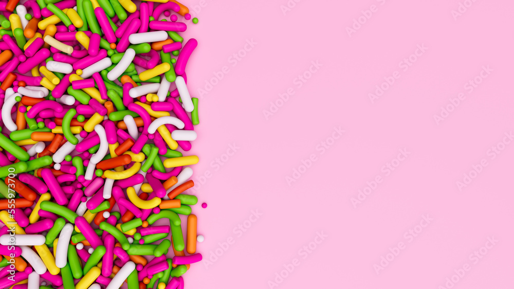 Colorful sprinkles on a pink background, top view with copy space 3d illustration
