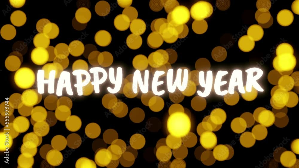 Glowing Happy New Year text animation in front of de-focused bokeh lights or glowing golden particles or fizz bubbles moving upward. Happy New Year Card.
