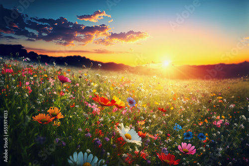 beautiful ai generated background illustration with flowers on a meadow in summer during sunset