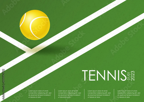 Tennis championship or tournament poster. Horizontal template for sport competition, tennis championship. Grass court and ball. Ball on the Line. Sports equipment. Modern illustration for card, cover