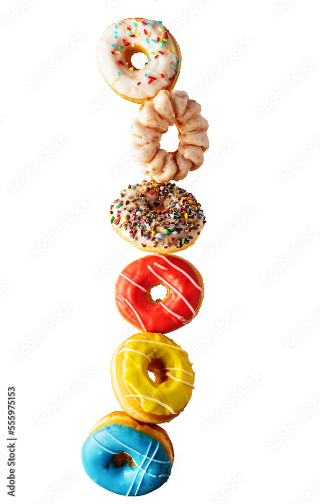 Various decorated doughnuts flying levitation