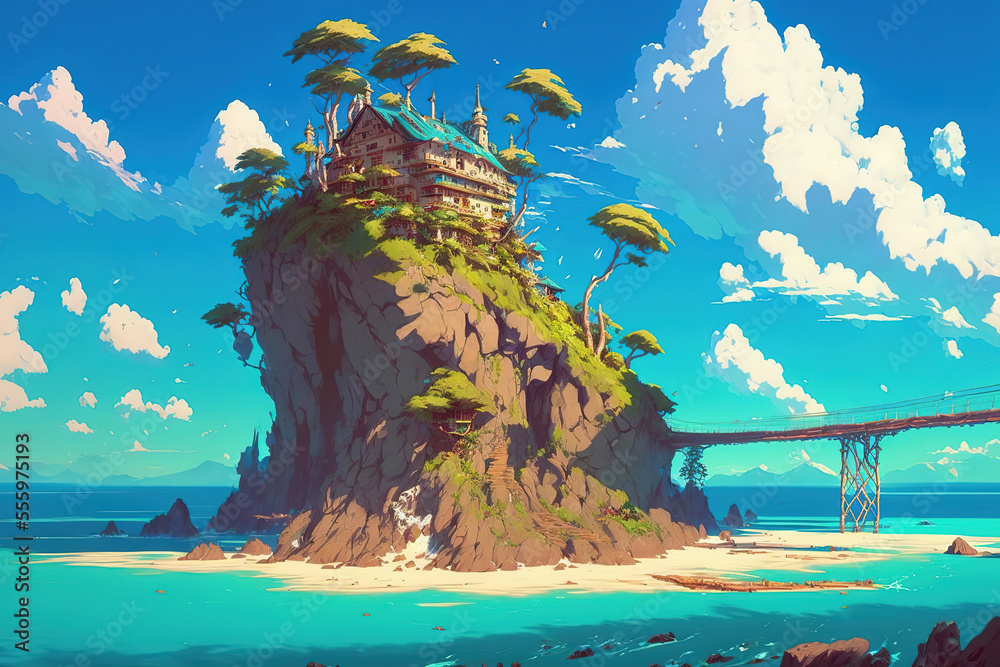 fantasy island, anime landscape, house, anime art illustration Stock