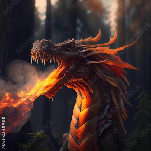 Fire Dragon in the forest, breathing fire, concept art. Generative AI
