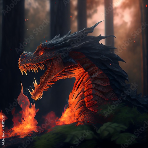 Fire Dragon in the forest, breathing fire, concept art. Generative AI © Pixel Matrix