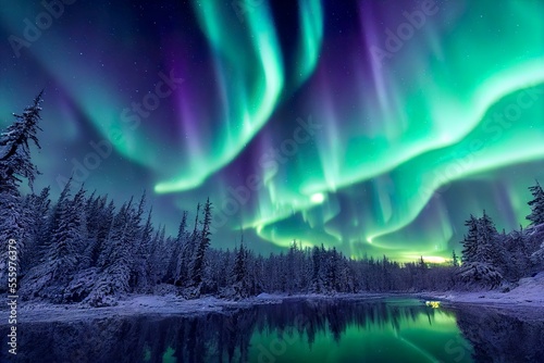 Aurora borealis landscape in nordic arctic forest, pines and snow sunset mattepainting illustration photo