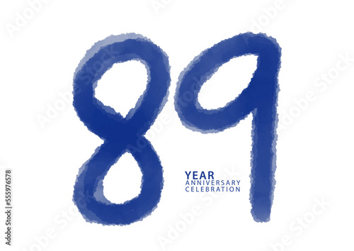 89 year anniversary celebration blue color logotype vector, 89 number design, 89th Birthday invitation, logo number design vector illustration, blue logo brushstroke illustration