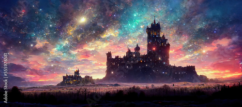 ai midjourney generated fantasy landscape with a castle in a colored sunset nightsky