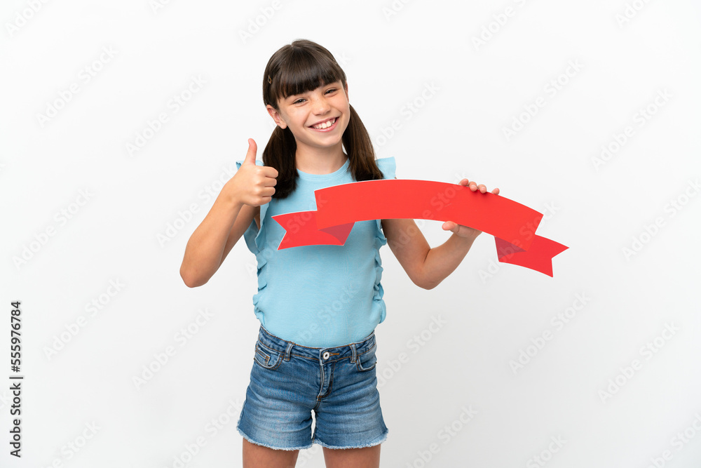 Little caucasian kid isolated on white background holding an empty placard with thumb up Little caucasian kid isolated on white background holding an empty placard with thumb up