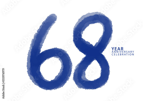 68 year anniversary celebration blue color logotype vector, 68 number design, 68th Birthday invitation, logo number design vector illustration, blue logo brushstroke illustration