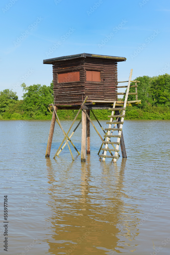 Hunting Blind in Flooded Area, Nature Reserve Kuehkopf-Knoblochsaue, Hesse, Germany, Europe