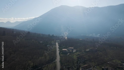 Aerial view of a road crossing the valley in the countryside, Serino, Avellino, Campania, Italy. photo