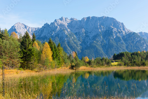 Lake Luttensee with Karwendel Mountain Range, Werdenfelser Land, Upper Bavaria, Bavaria, Germany photo