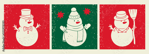 White Snowman set. Isolated snowmen with branch arms, top hat, bow tie, beanie, scarf and broom. Winter, Merry Christmas, holiday concept. Cute funny characters. Hand drawn Vector illustrations, cards