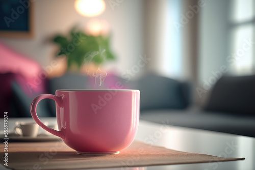 pink coffee cup with steam on wooden table