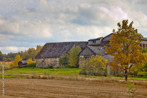 rural landscape, in the photo an old stone hayloft building and a wheat storage building against a gray sky with clouds