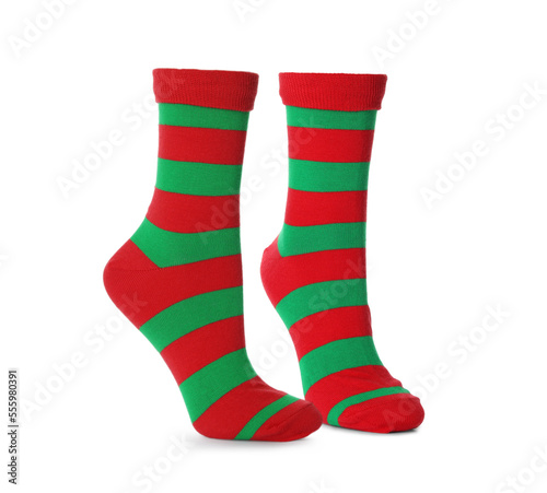 Pair of bright striped socks isolated on white