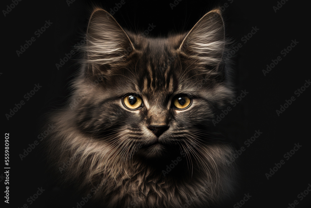 Cute brown cat on black background, generative ai