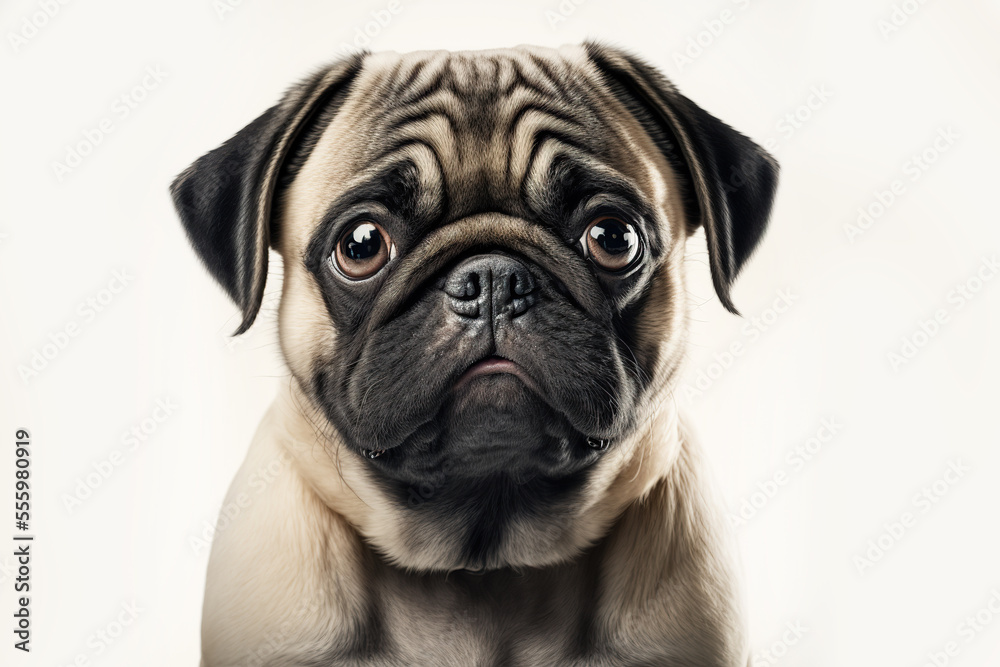 Cute pug, mops dog on black background, generative ai	