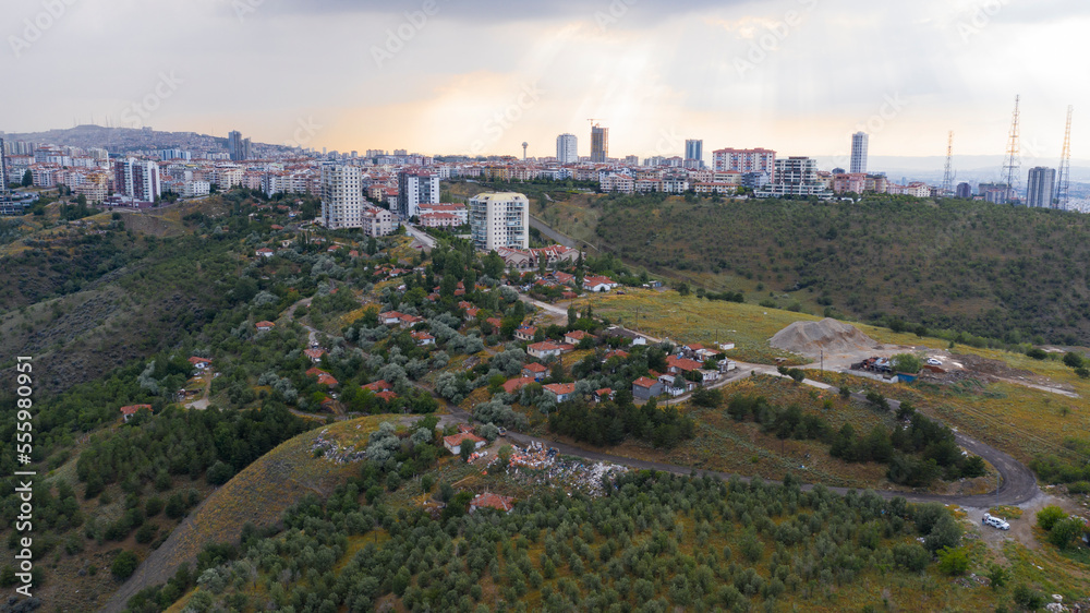 Obraz premium Aerial view of slum street and village.