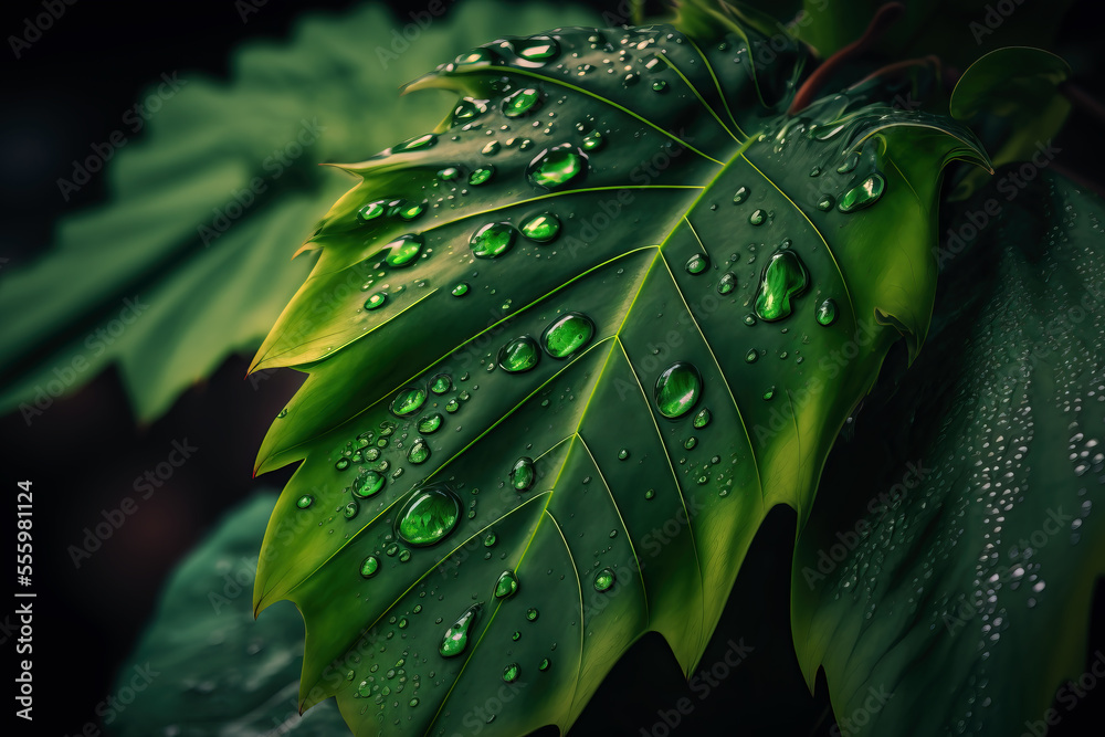 Fototapeta premium close-up of a green leaf with raindrops