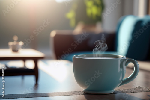 blue coffee cup with steam on wooden table