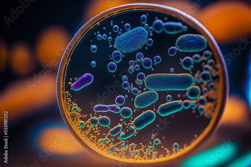 Macro close up shot of bacteria and virus cells in a scientific laboratory petri dish. Generative ai photo