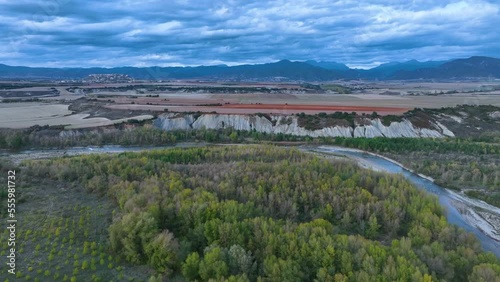 Landscape of the Aragon river in the surroundings of the town of Arrés. Aerial view from a drone. Municipality of Bailo.The Jacetania. Huesca, Aragon, Spain, Europe photo