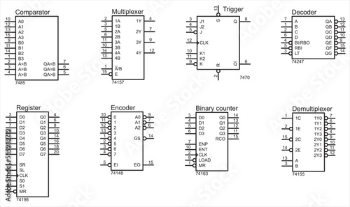 Conditional graphic designations of integrated circuits:
register, comparator, multiplexer, trigger,
counter, decoder, demultiplexer.
Vector icons of electronic components of the electrical circuit.  photo