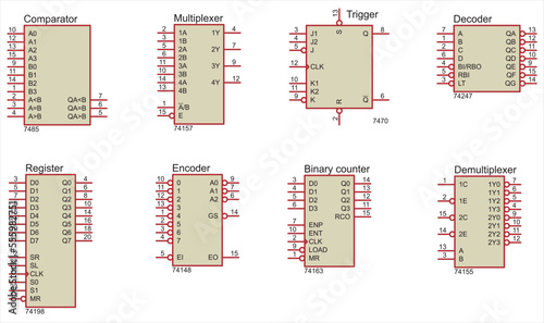 Conditional graphic designations of integrated circuits:
register, comparator, multiplexer, trigger,
counter, decoder, demultiplexer. Vector icons of electronic components of the electrical circuit.  photo