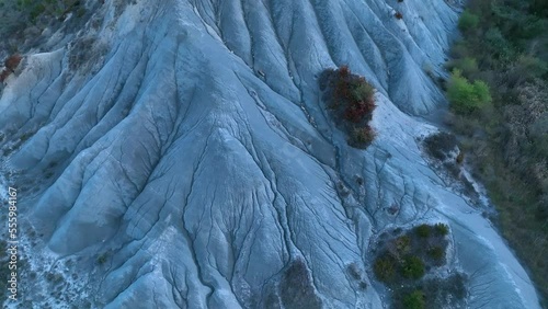 Erosion boulevards in the Aragon river in the surroundings of the town of Martes. Aerial view from a drone. Municipality of Bailo.The Jacetania. Huesca, Aragon, Spain, Europe photo