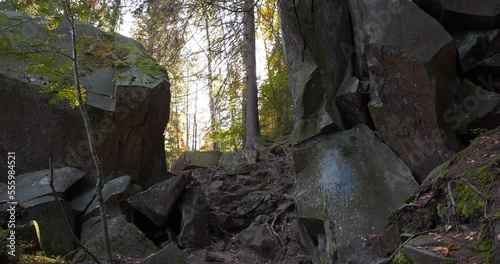 Dovbush path - route through wooded mountain slopes, rises up to rock massifs Dovbush Rocks near Yaremche city, Ukraine. Dovbush path was created in memory of great leader of Opryshky, Oleksa Dovbush photo