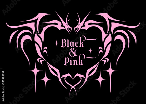 Goth glam tattoo print with heart shaped dragons emo goth slogan. Black and pink concept. Nostalgia Glamor trendy 2000's, 1990's aesthetic. Rock love vector icon with silhouette tat.