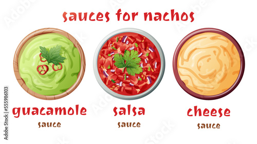 Set of sauces for nachos on an isolated background. Guacamole, salsa, cheese sauce. Traditional Mexican food. Vector illustration