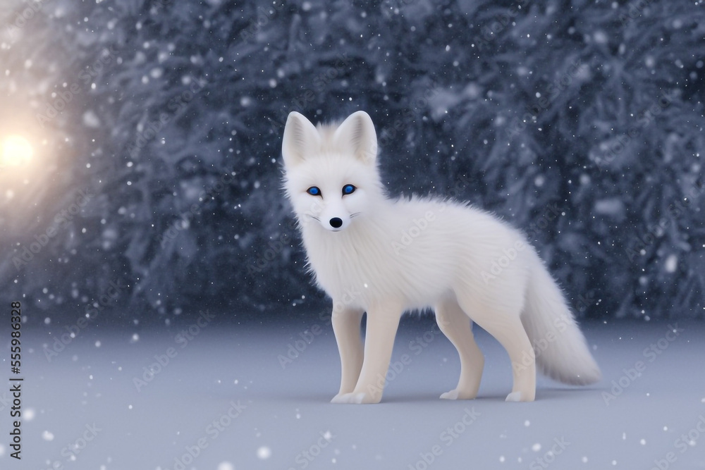 White fox in the snow at night. Generative AI.