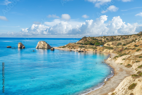 Fototapeta Naklejka Na Ścianę i Meble -  Landscape with Petra tou Romiou (Aphrodite's beach and rock) in Pafos, Cyprus