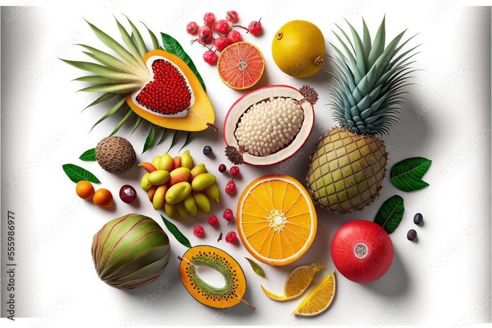 a variety of fruits are arranged in a circle on a white background with a white border around them. a variety of fruits are arranged in a circle on a white background with a white border around them.