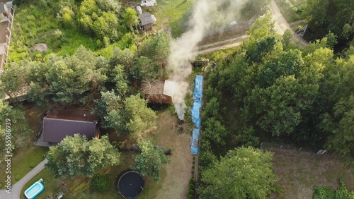Burning fires at dachas. View from a drone.