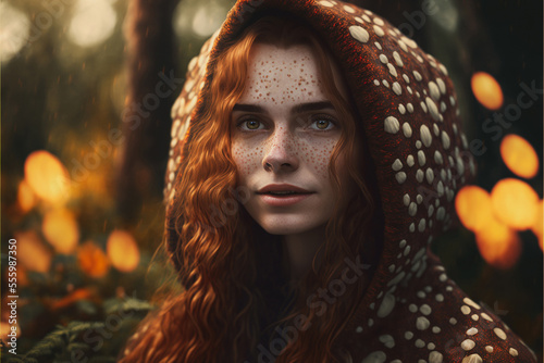 Freckled hippie girl in nature. Created with generative AI.