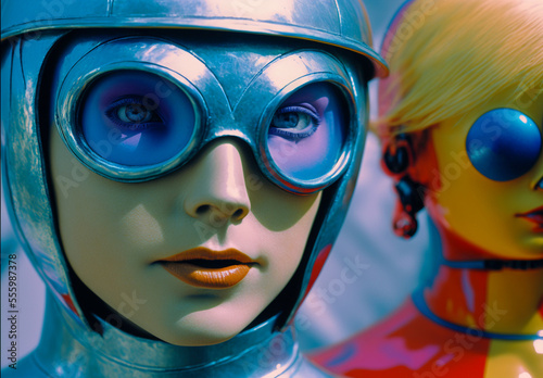 Actors in a retro sci-fi television show from the 1970s. They are wearing cheesy costumes and elaborate makeup. Created with generative AI.