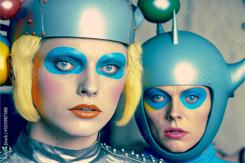 Actors in a retro sci-fi television show from the 1970s. They are wearing cheesy costumes and elaborate makeup. Created with generative AI. photo