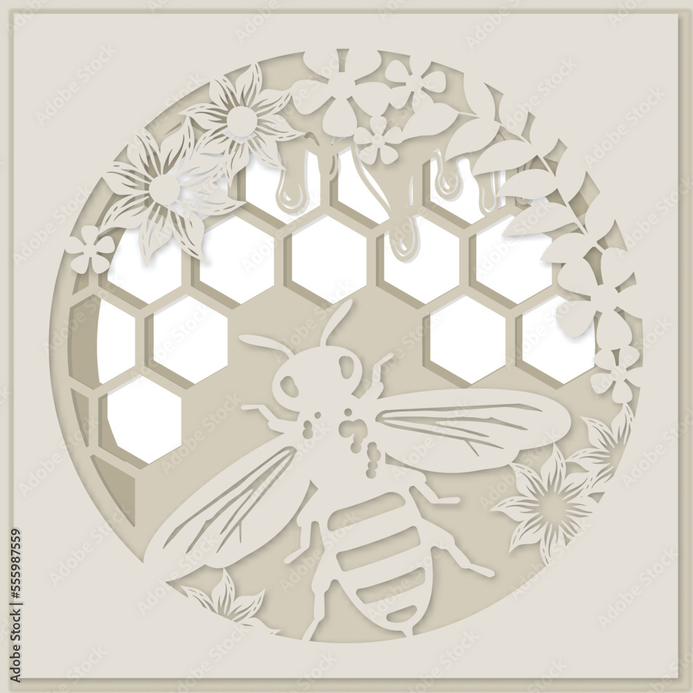 Vector template card with bee, paper cut art style, paper craft. 3D Layered card template with bee illustration. Shadow box Vector template card with bee, paper cut art style, paper craft. 3D Layered card template with bee illustration. Shadow box