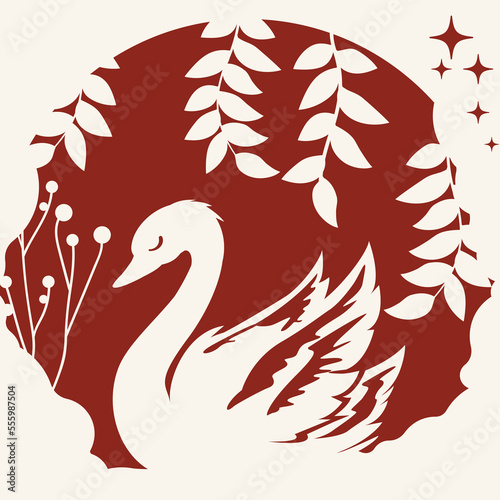 Card with Swan, paper cut art style, paper craft. Card template with flowers.